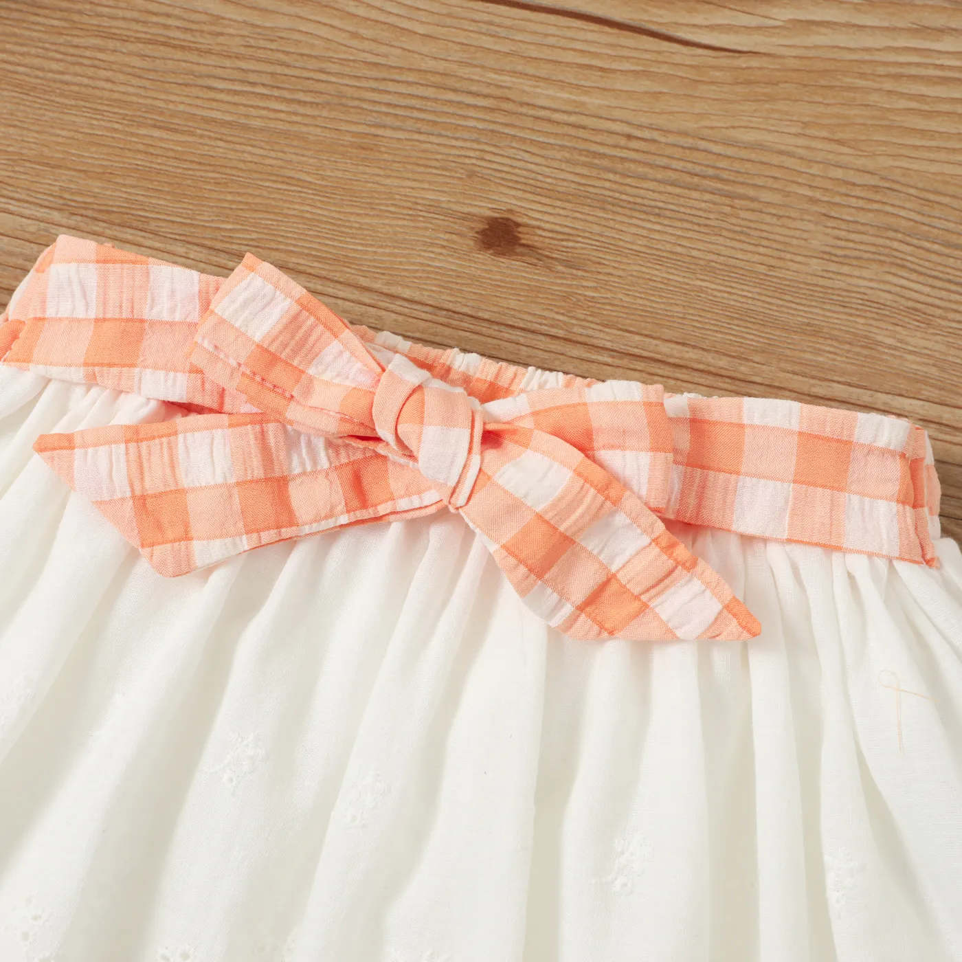 2pcs Toddler Girl Cotton Ruffle Trim Plaid Top and Belted Schiffy Skirt Set Yellow image 4