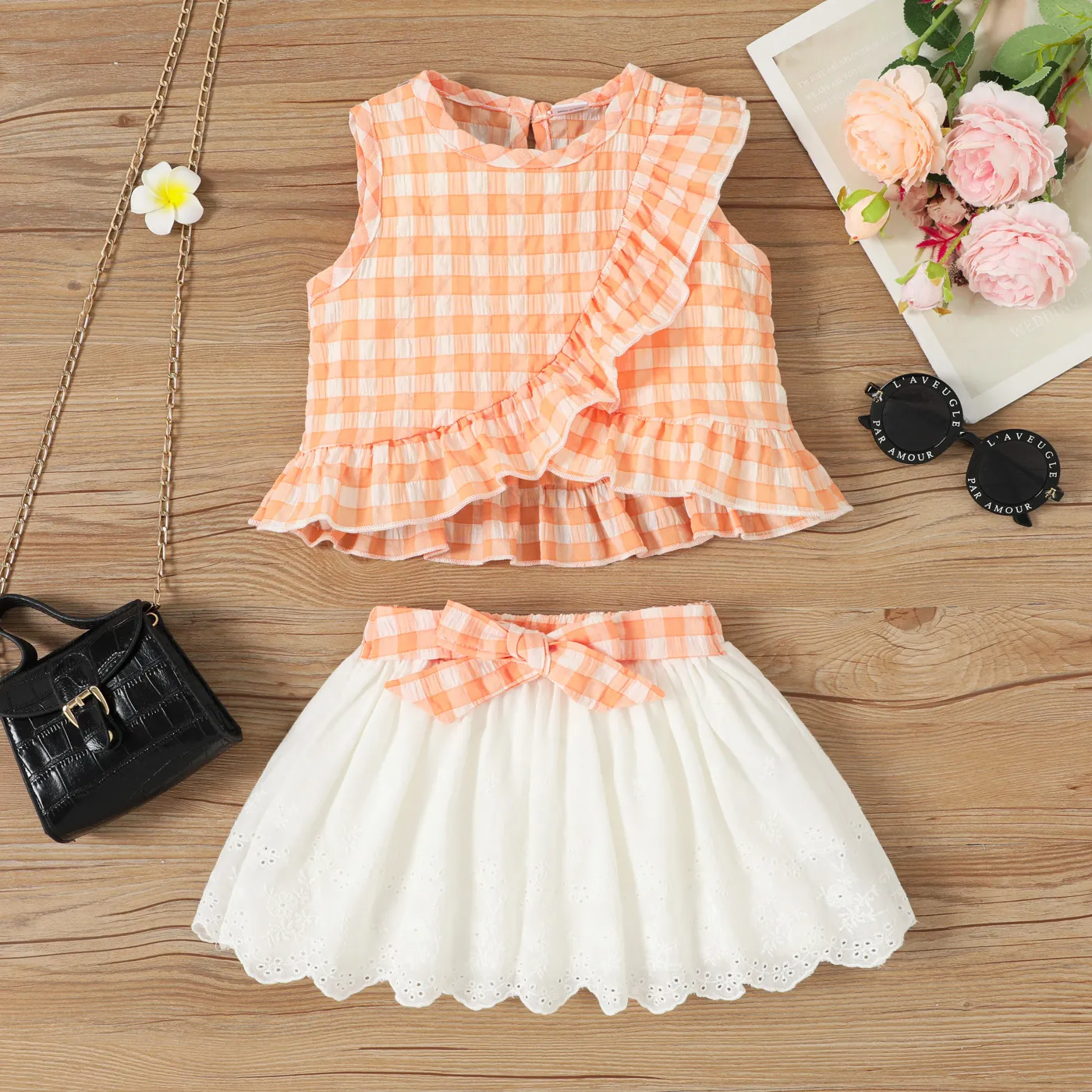 2pcs Toddler Girl Cotton Ruffle Trim Plaid Top And Belted Schiffy Skirt Set