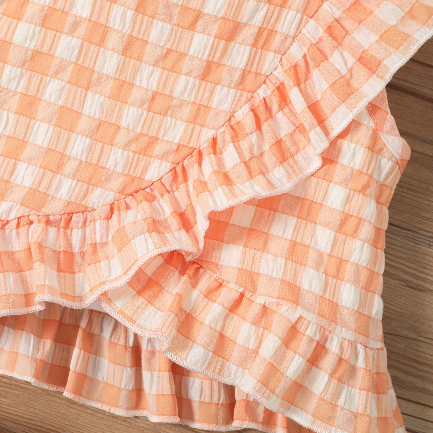 2pcs Toddler Girl Cotton Ruffle Trim Plaid Top and Belted Schiffy Skirt Set Yellow image 3