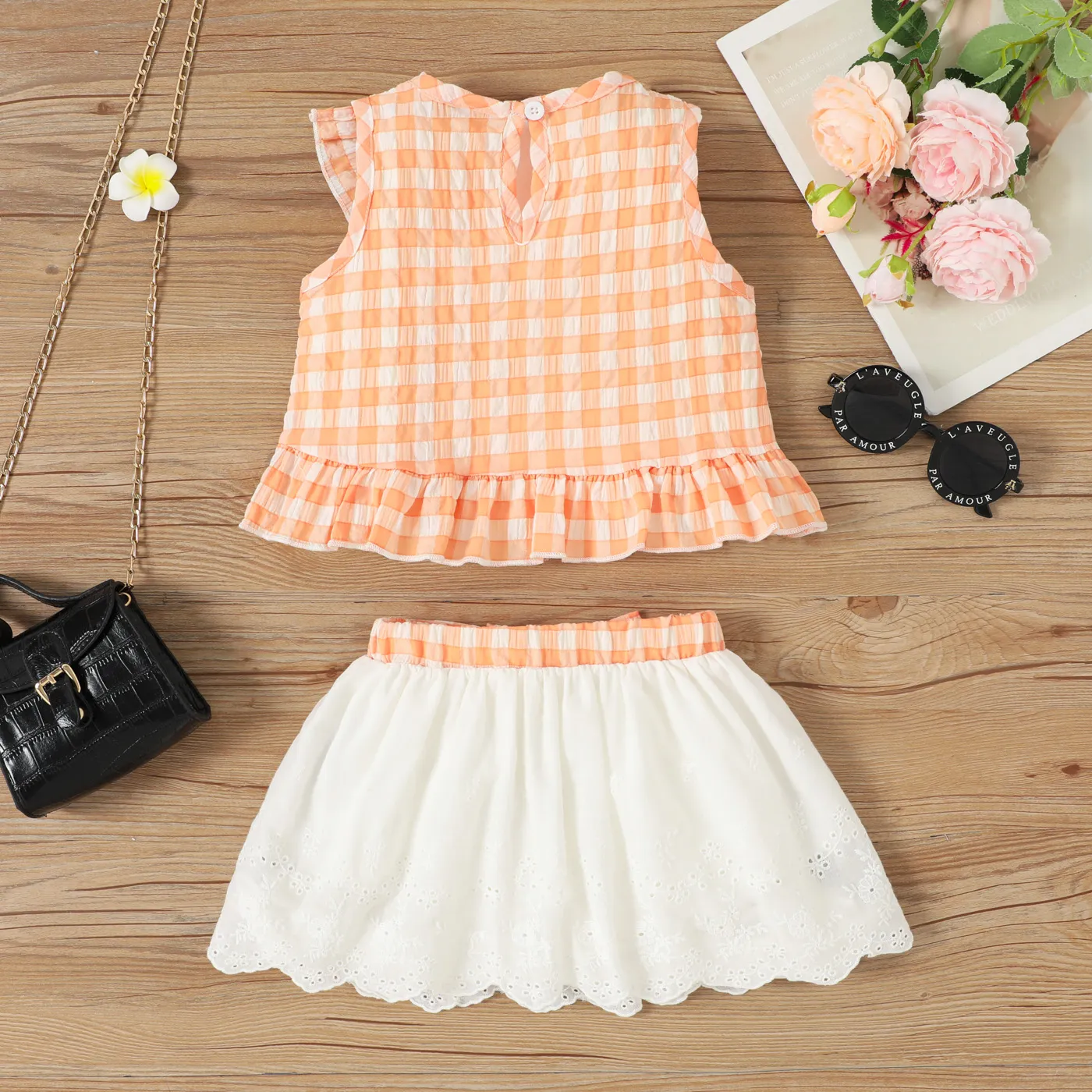 2pcs Toddler Girl Cotton Ruffle Trim Plaid Top and Belted Schiffy Skirt Set Yellow image 2