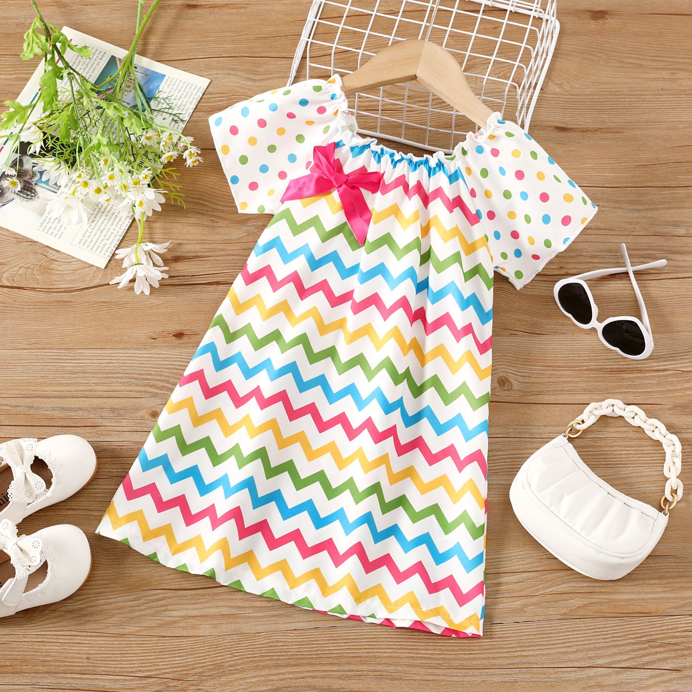 Toddler Girl Colorful Stripe & Polka Dots Pattern Short-sleeve Dress