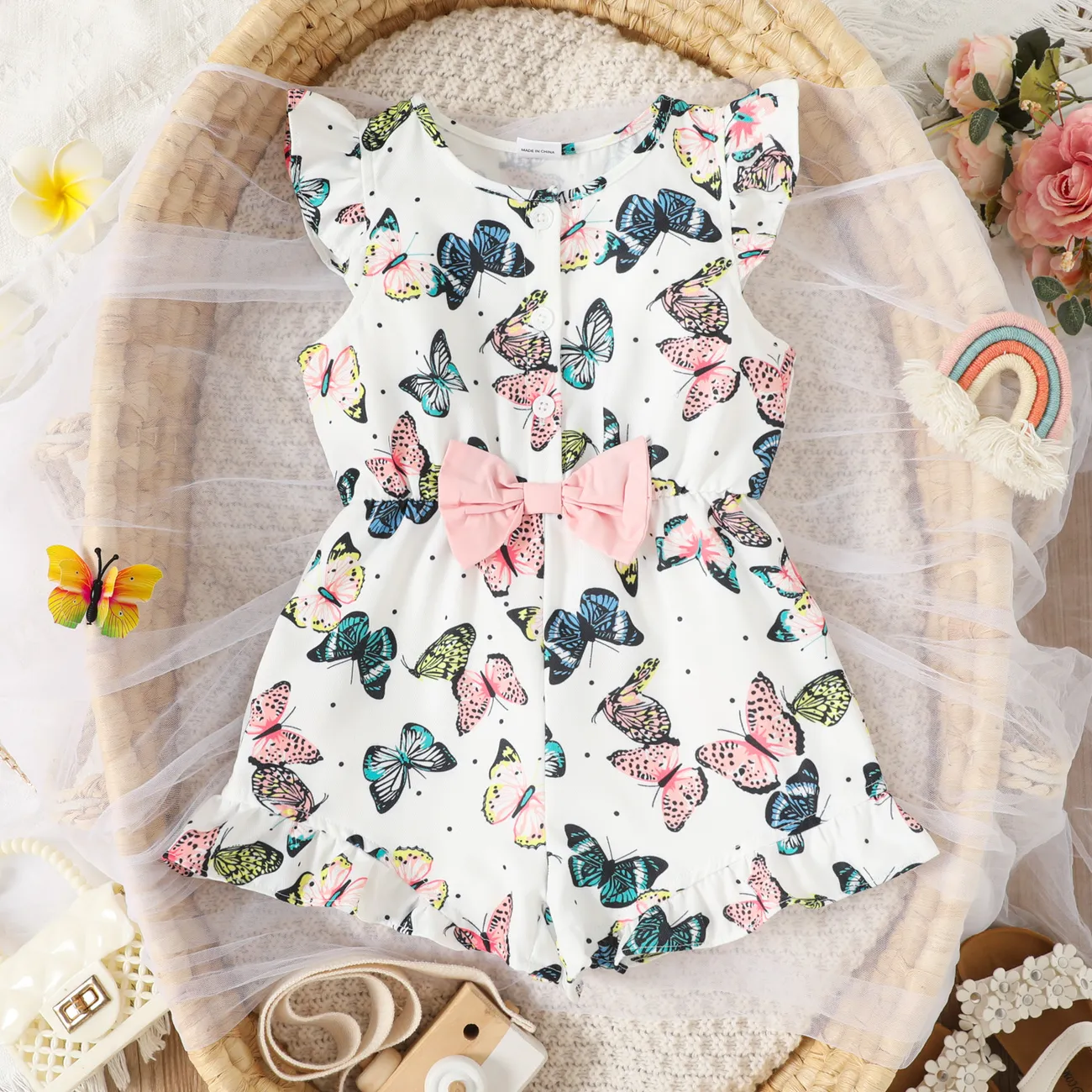 Toddler Girl Butterfly Print Bow Front Flutter-sleeve Romper Color block big image 1