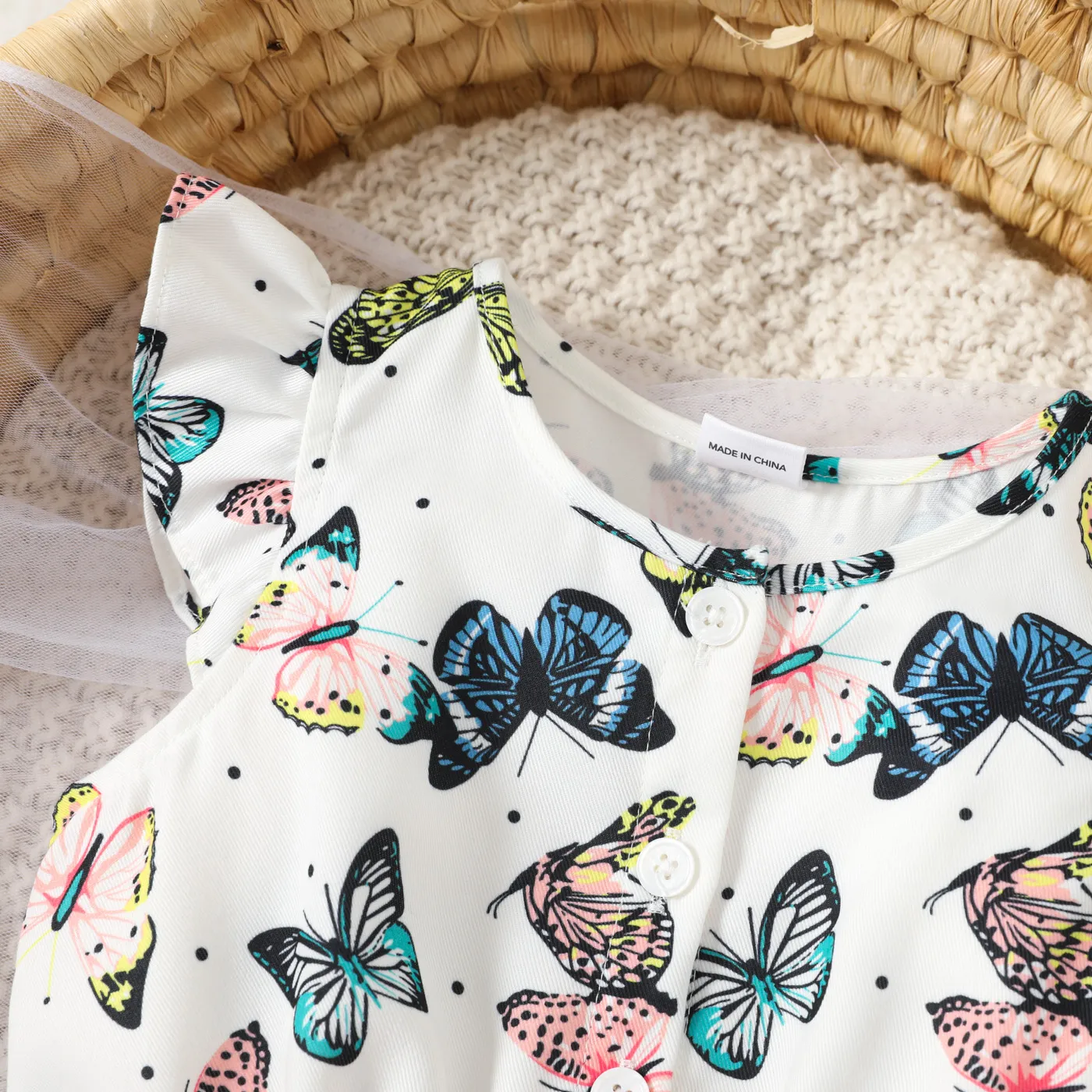 Toddler Girl Butterfly Print Bow Front Flutter-sleeve Romper Color block image 4