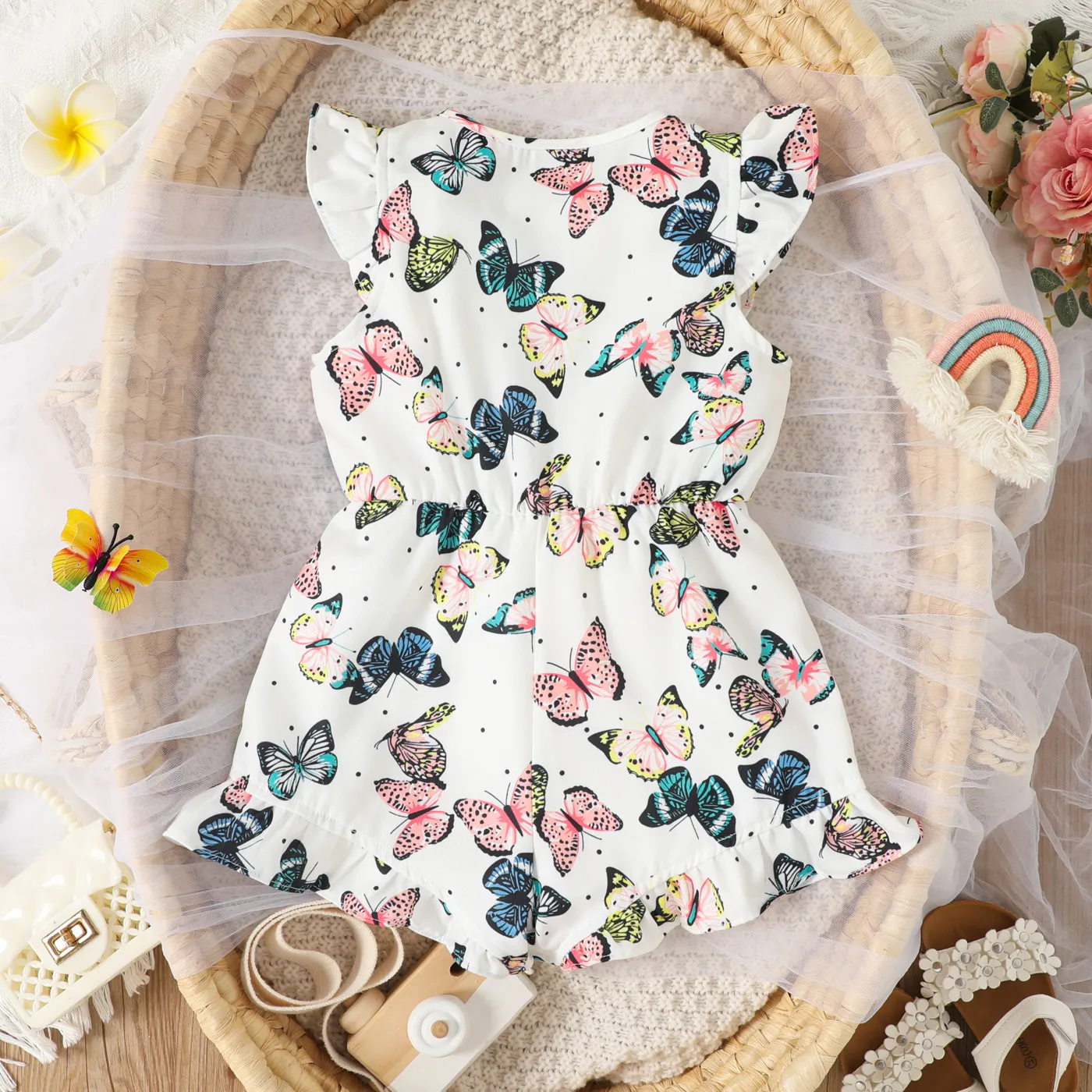 Toddler Girl Butterfly Print Bow Front Flutter-sleeve Romper Color block image 2