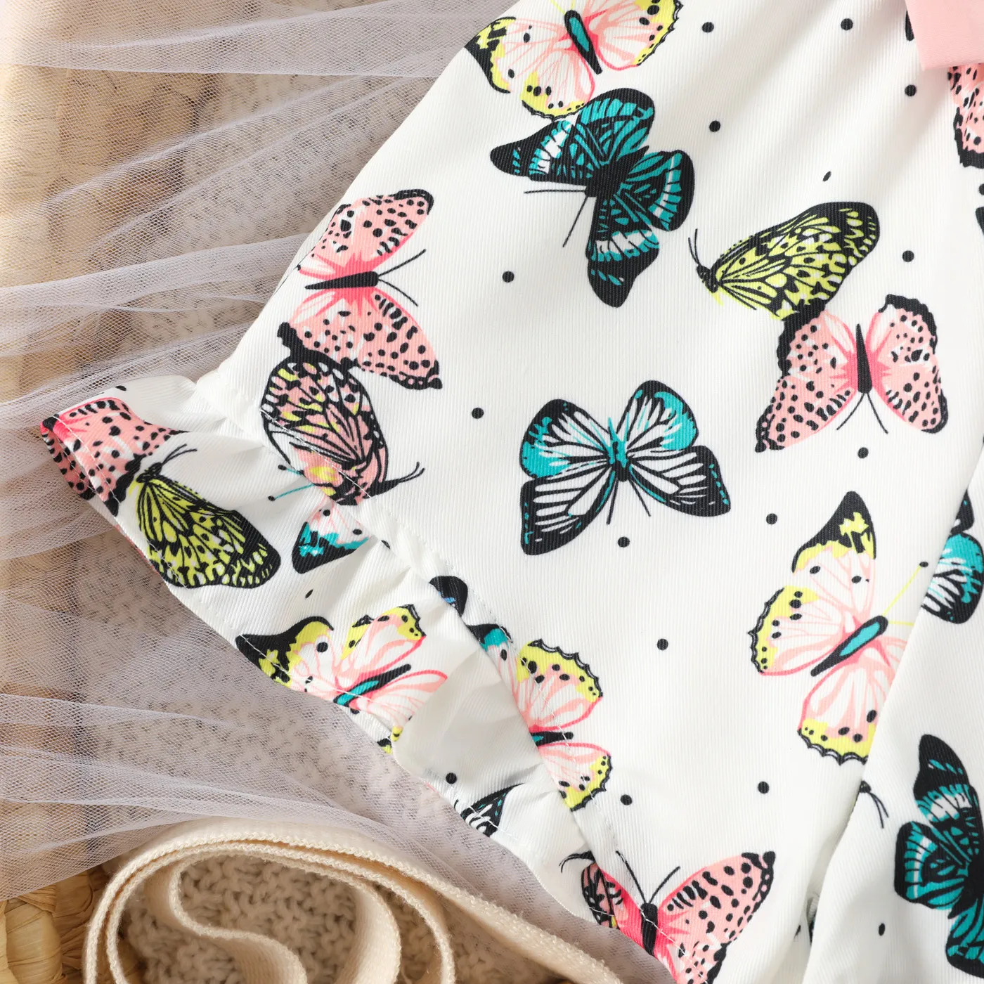 Toddler Girl Butterfly Print Bow Front Flutter-sleeve Romper Color block image 5