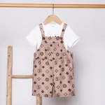 2pcs Toddler Boy Letter Print Short-sleeve Tee and Geo Pattern Overall Romper Set    image 2