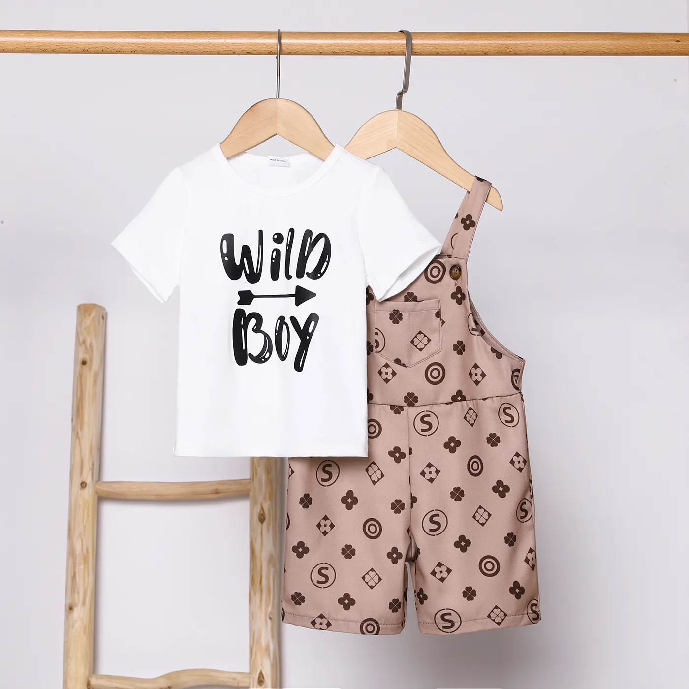 2pcs Toddler Boy Letter Print Short-sleeve Tee and Geo Pattern Overall Romper Set   Coffee big image 1