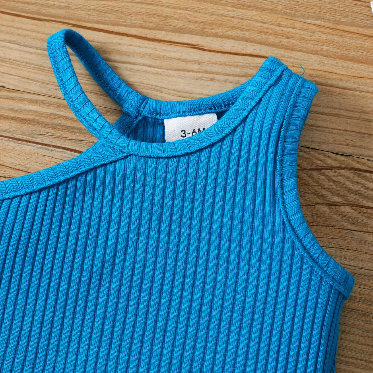 2pcs Baby Girl Blue Rib Knit Halter Neck One Shoulder Tank Top and Belted Ruffle Trim Shorts Set Blue big image 1