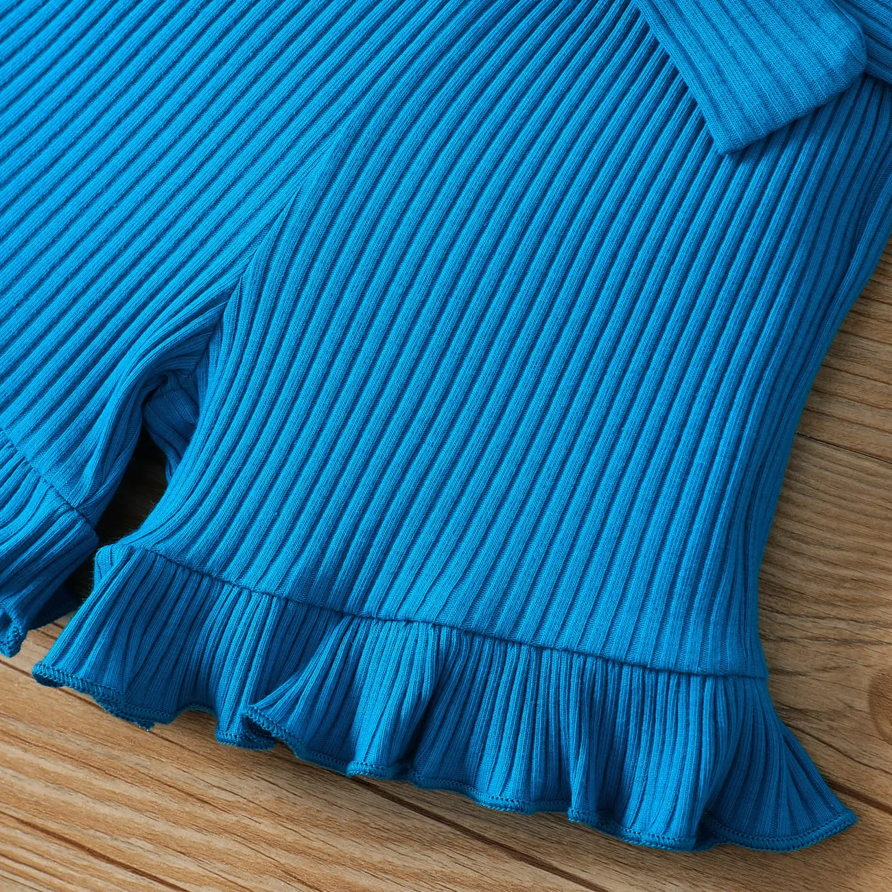 2pcs Baby Girl Blue Rib Knit Halter Neck One Shoulder Tank Top and Belted Ruffle Trim Shorts Set Blue big image 1