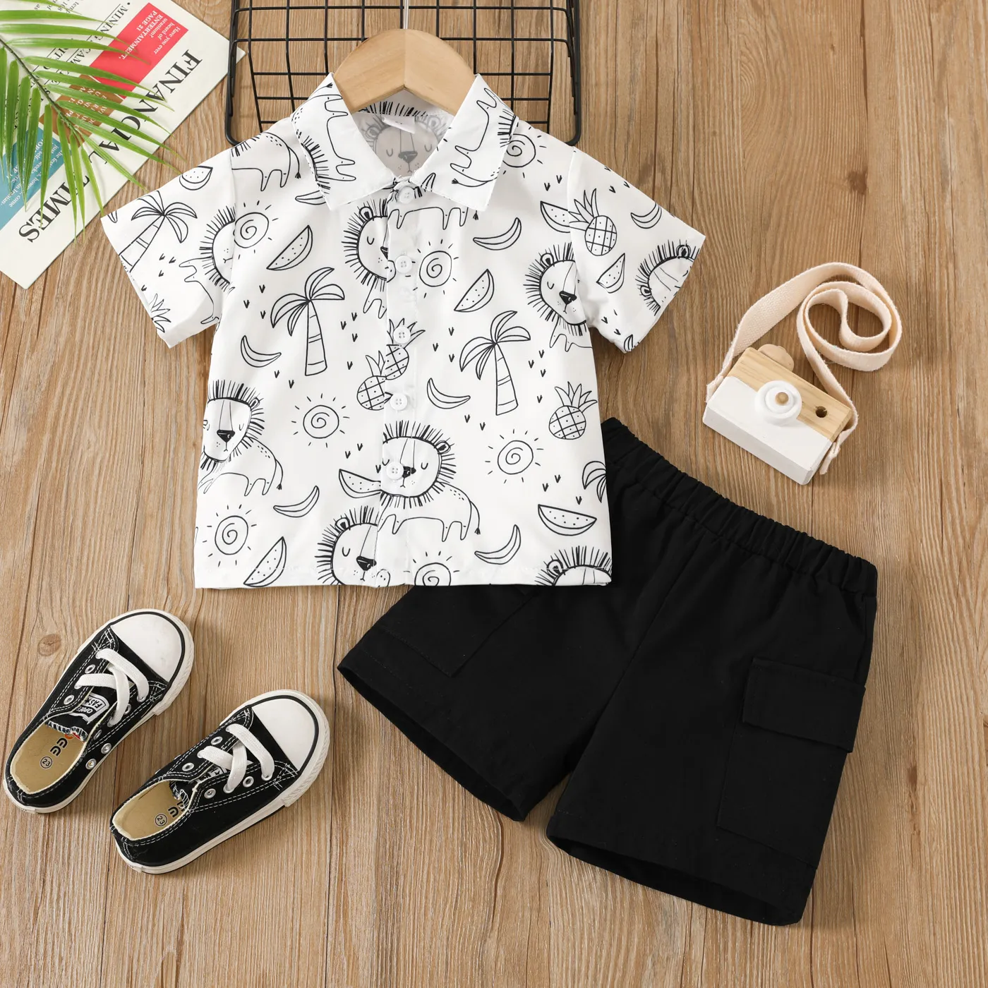 2pcs Toddler Boy Allover Print Short-sleeve Shirt and 100% Cotton Shorts Set White big image 1