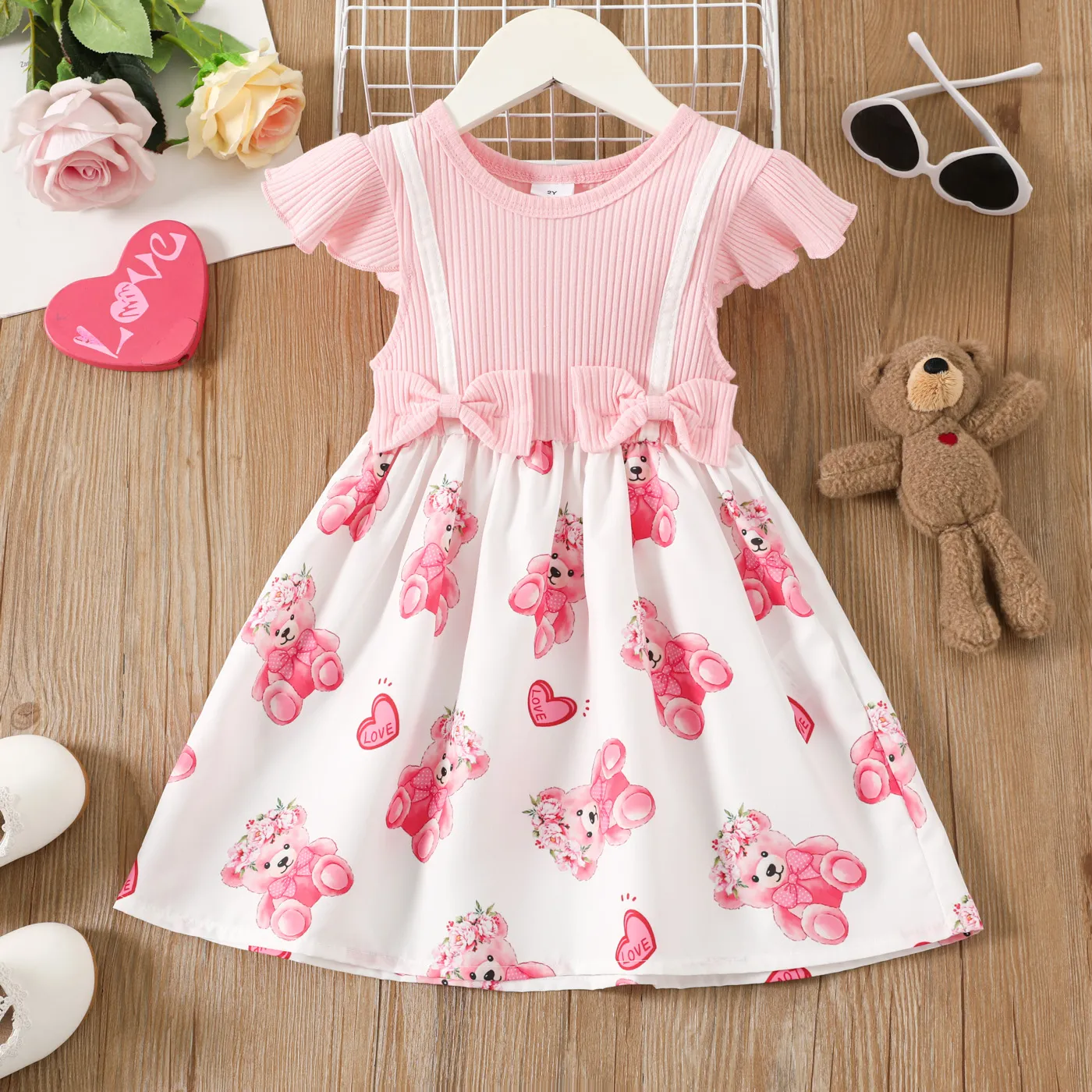 

Toddler Girl Pink Bear Print Bow Front Flutter-sleeve Ribbed Combo Dress