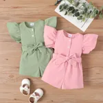 2pcs Baby Girl Texture Front Buttons Ruffle Solid Top and Belted Shorts Set Pink image 2