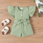 2pcs Baby Girl Texture Front Buttons Ruffle Solid Top and Belted Shorts Set Green