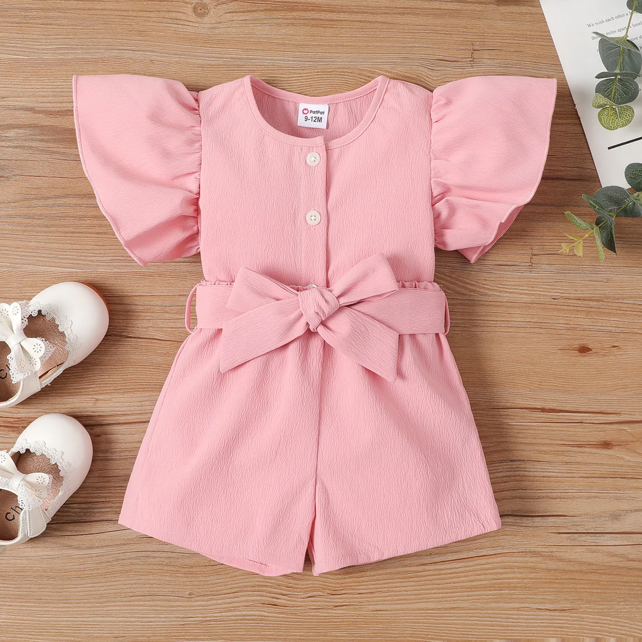 2pcs Baby Girl Texture Front Buttons Ruffle Solid Top and Belted Shorts Set Pink big image 1