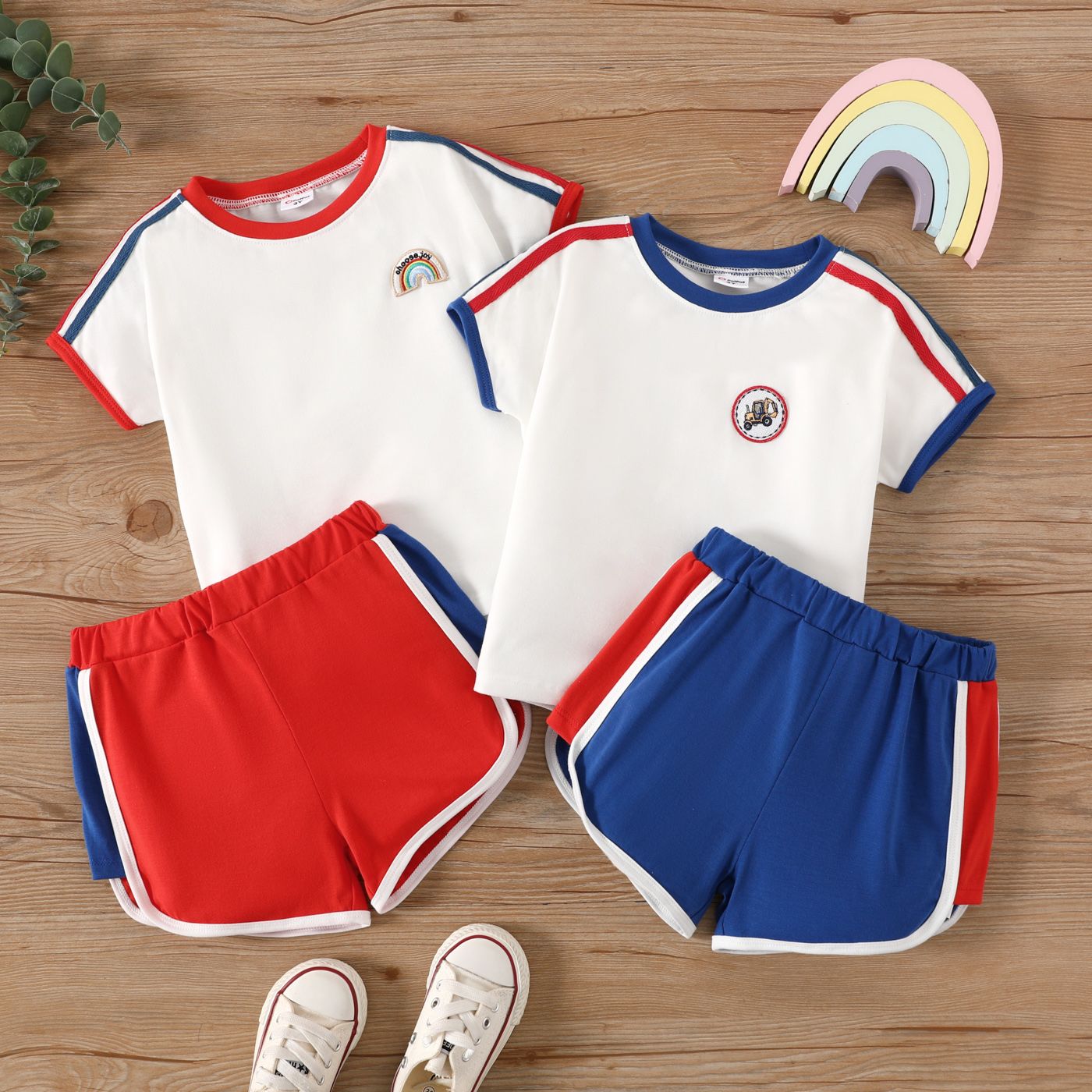 2pcs Toddler Girl/Boy Striped Contrast Trim Short-sleeve Top And Shorts Set