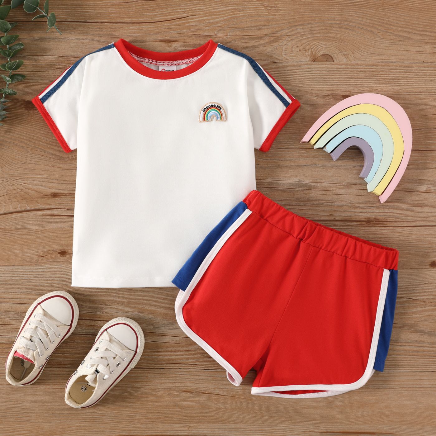 2pcs Toddler Girl/Boy Striped Contrast Trim Short-sleeve Top And Shorts Set