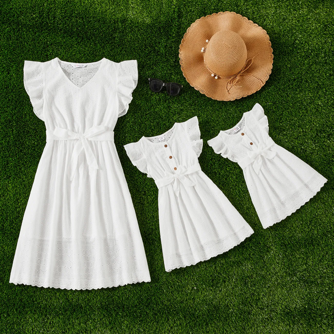 Mommy and Me 100% Cotton Solid Textured Flutter-sleeve Belted Dresses White big image 1
