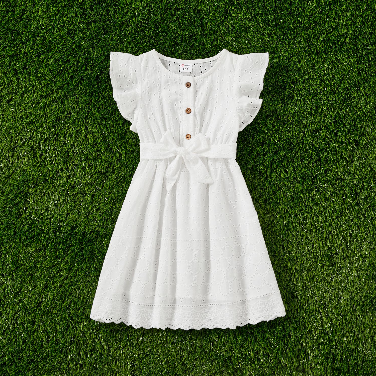 Mommy And Me 100% Cotton Solid Textured Flutter-sleeve Belted Dresses