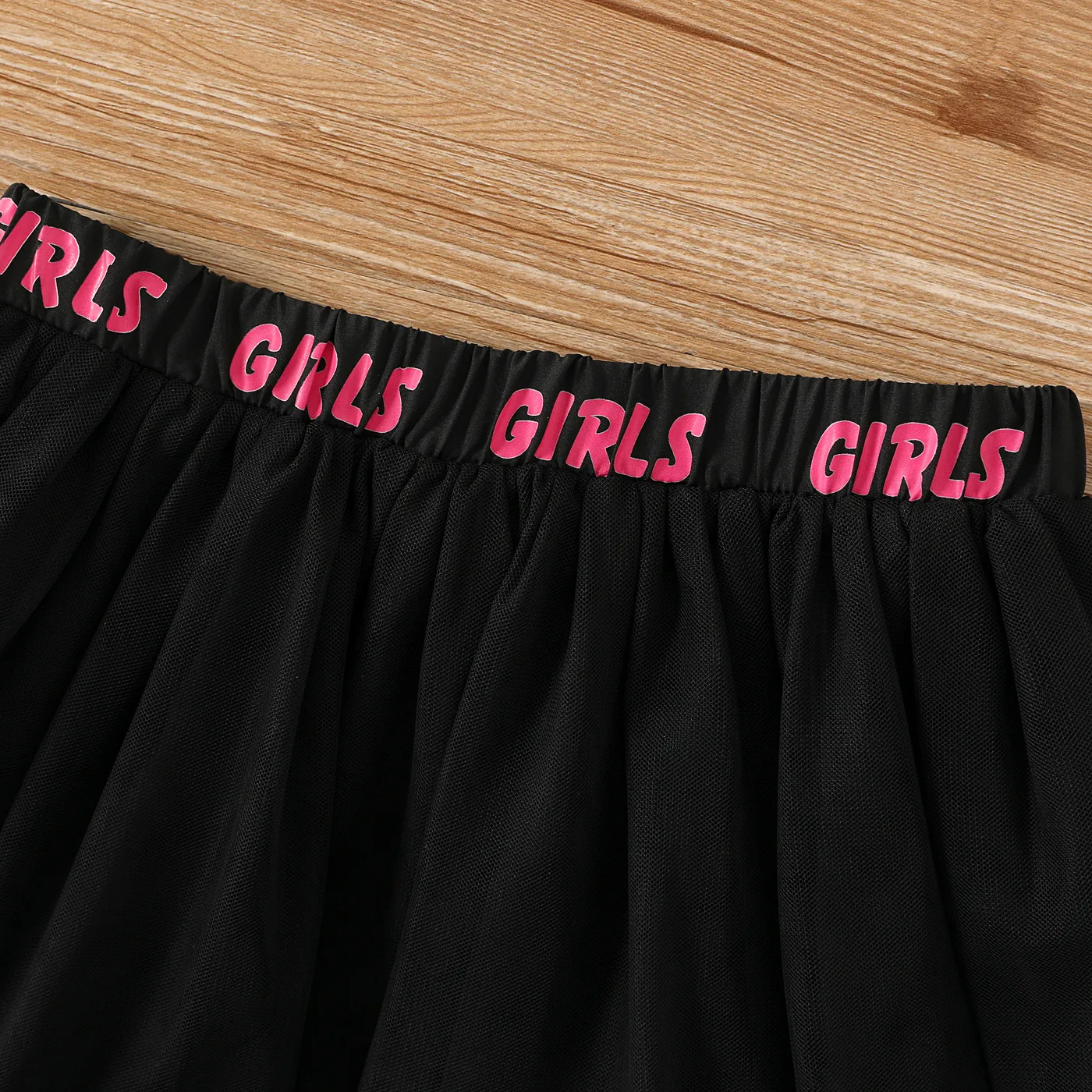 2pcs Toddler Girl Figure & Letter Print Short-sleeve Tee and Black Mesh Skirt Set Black image 5