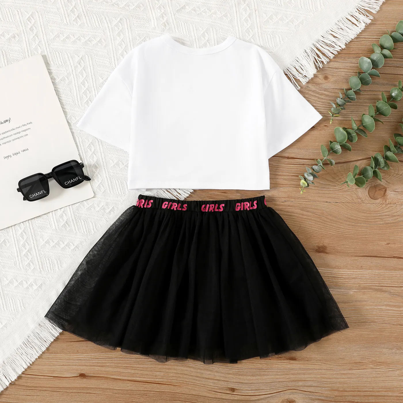 2pcs Toddler Girl Figure & Letter Print Short-sleeve Tee and Black Mesh Skirt Set Black image 2