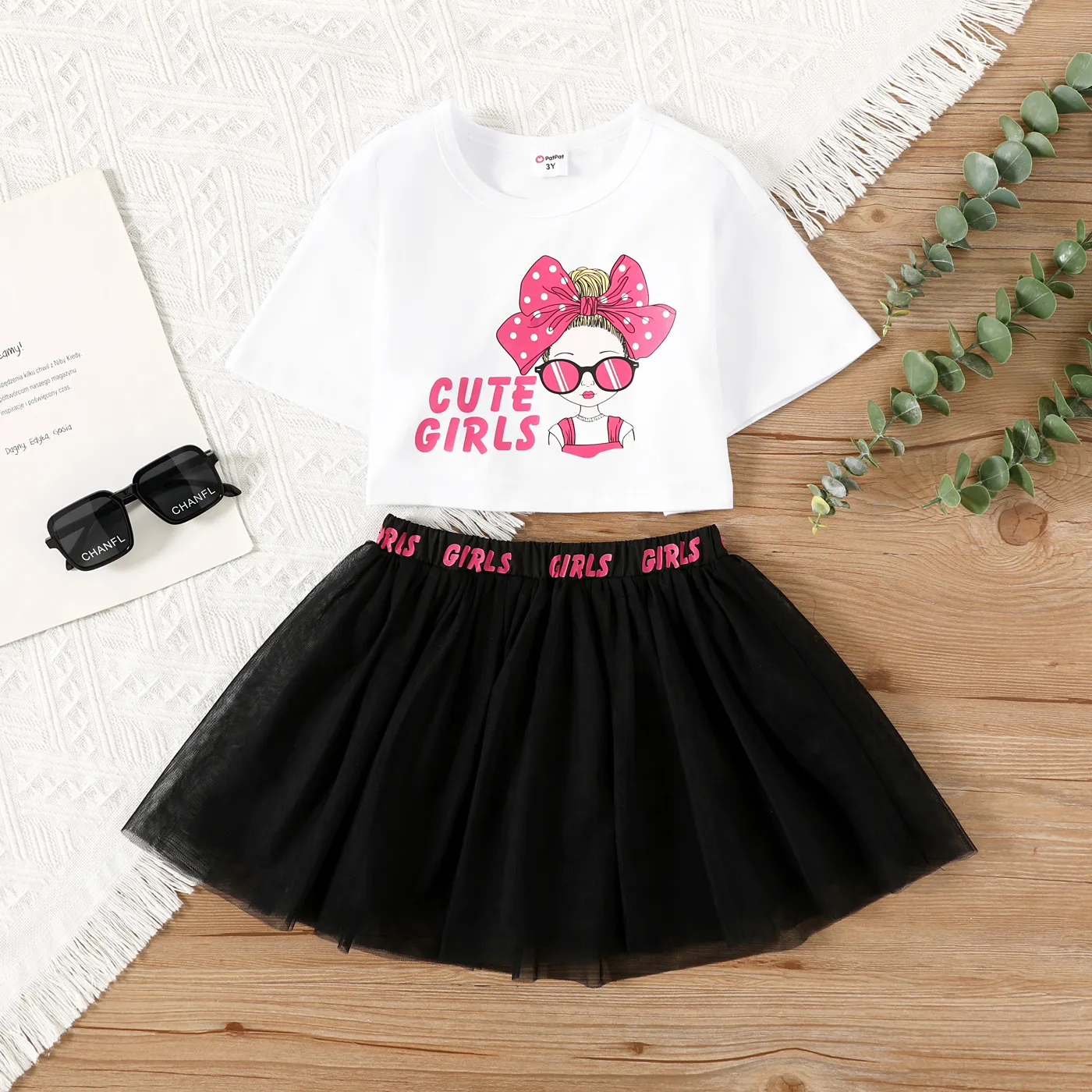 2pcs Toddler Girl Figure & Letter Print Short-sleeve Tee and Black Mesh Skirt Set Black big image 1