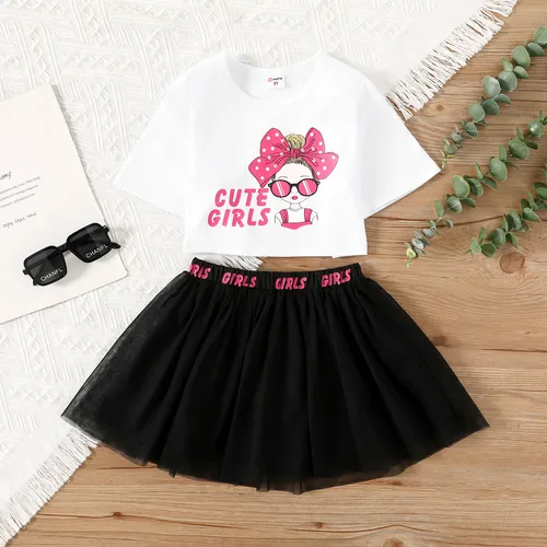 2pcs Toddler Girl Figure & Letter Print Short-sleeve Tee and Black Mesh Skirt Set