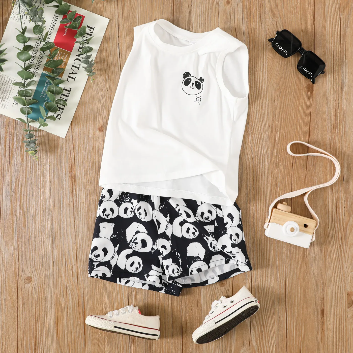 2pcs Toddler Boy Panda Print Tank Top and Shorts Set  