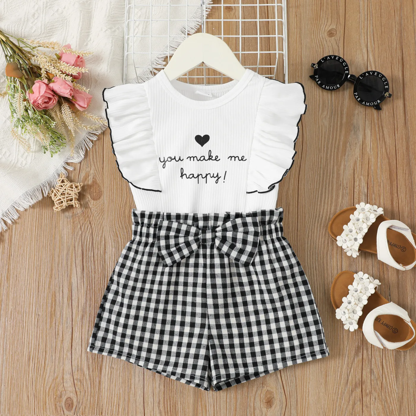 2pcs Toddler Letter Print Ruffled Rib-knit Top and Bow Front Plaid Shorts Set 