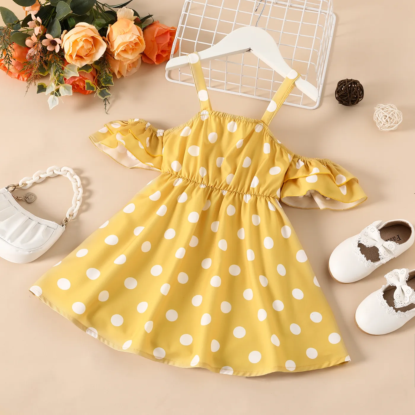 Toddler Girl Polka Dots Pattern Cold Shoulder Dress  Yellow big image 1
