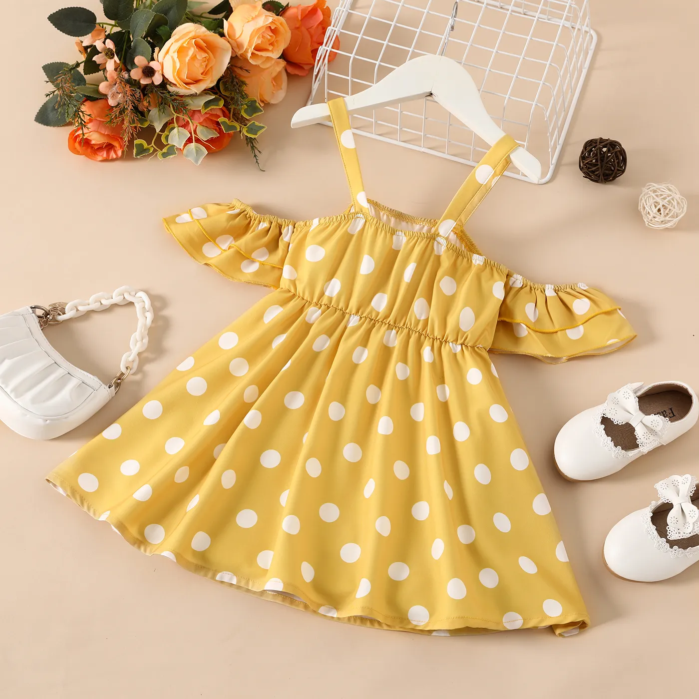 Toddler Girl Polka Dots Pattern Cold Shoulder Dress  Yellow image 2