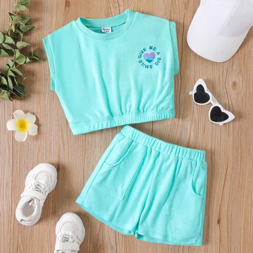 2pcs Kid Girl Letters Heart Embroidery Sleeveless Top and Patch Pockets Solid Shorts Set