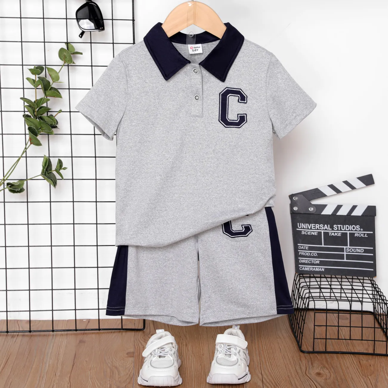 2pcs Kid Boy Letter Embroidered Colorblock Polo Neck Short-sleeve Top and Shorts Set   big image 1