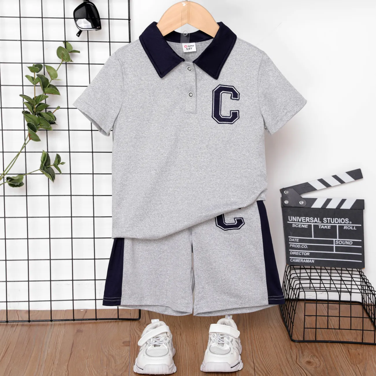 2pcs Kid Boy Letter Embroidered Colorblock Polo Neck Short-sleeve Top and Shorts Set big image 1