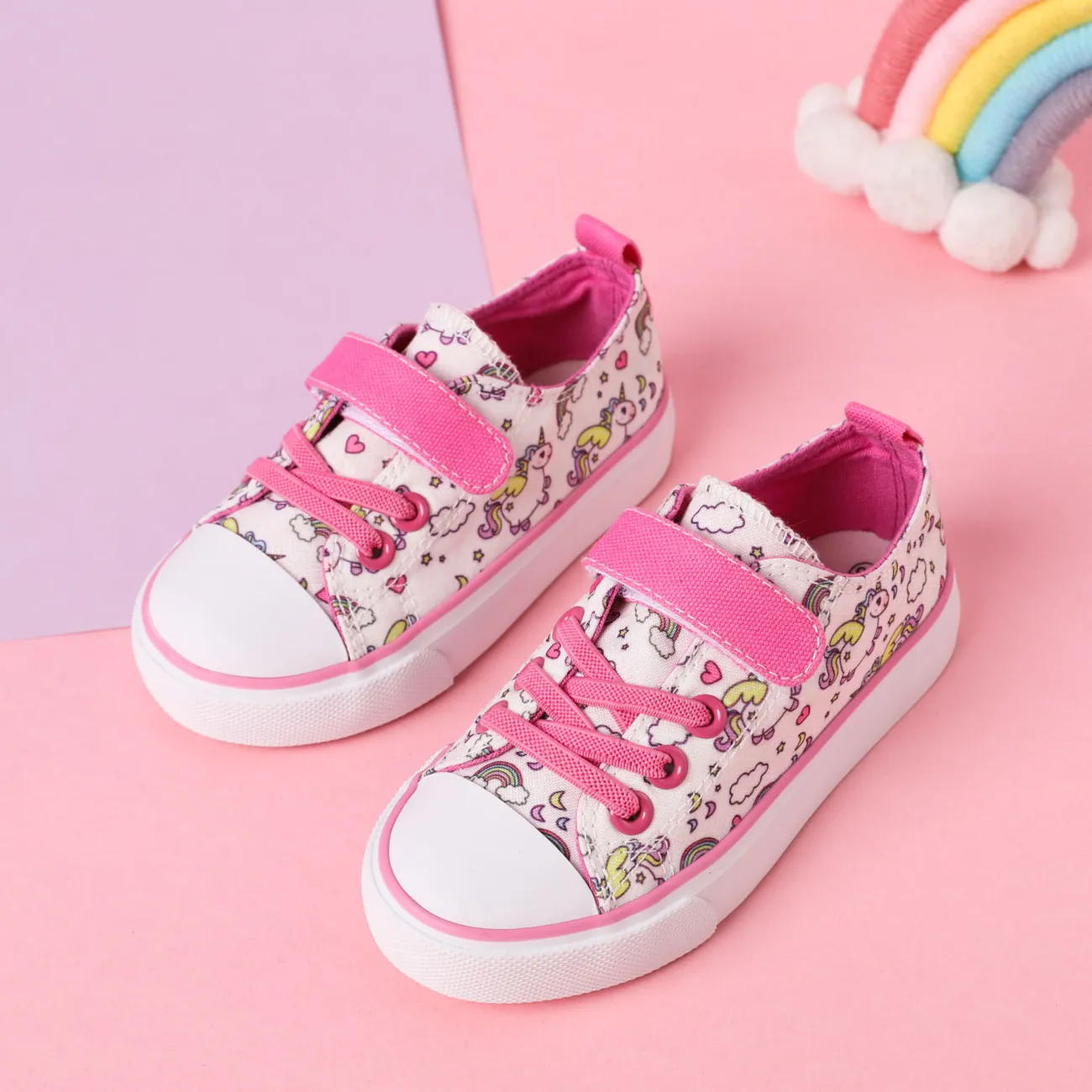 Toddler/Kid Rainbow & Horse Print Velcro Flat Casual Shoes Dark Pink big image 1
