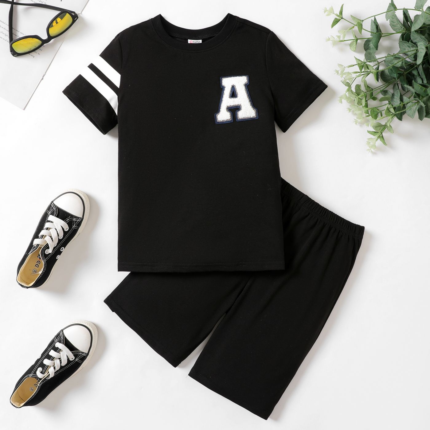 2pcs Kid Boy Letter Patched Striped Short-sleeve Top And Shorts Set