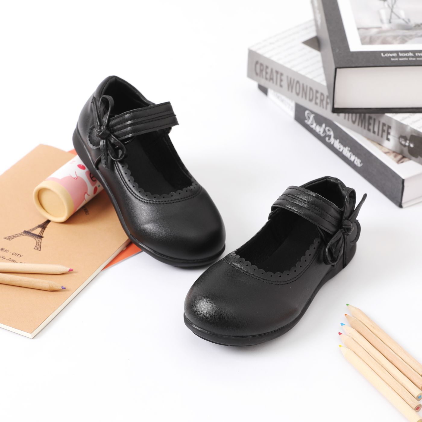 

Kids Bow Decor Solid Velcor School Shoes