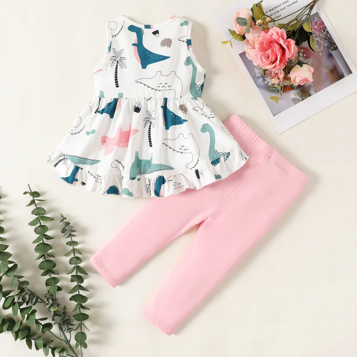 2pcs Baby Girl 95% Cotton Animal Print Bow Decor Ruffle Sleeveless Top and Solid Pants Set Pink image 2