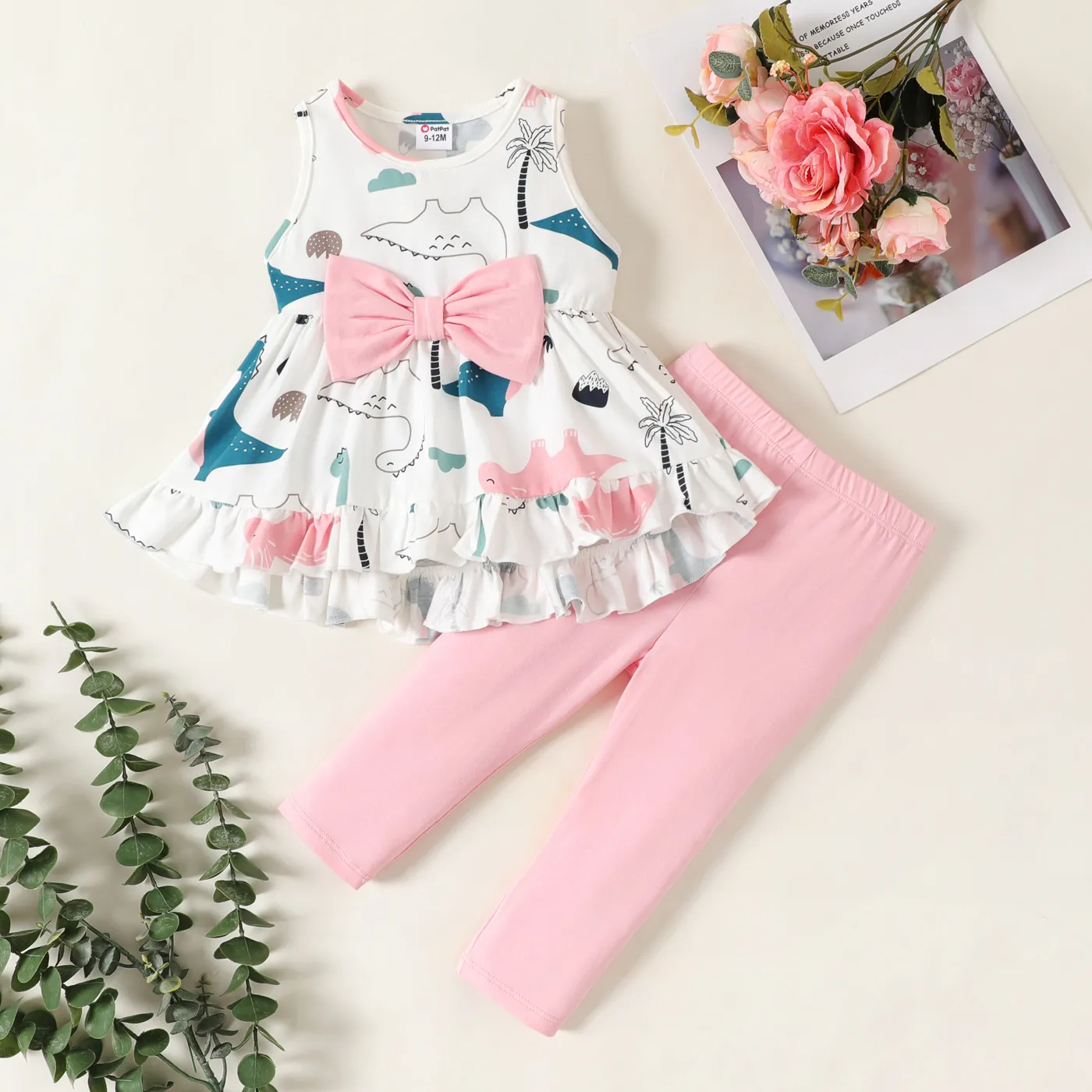 2pcs Baby Girl 95% Cotton Animal Print Bow Decor Ruffle Sleeveless Top and Solid Pants Set Pink big image 1