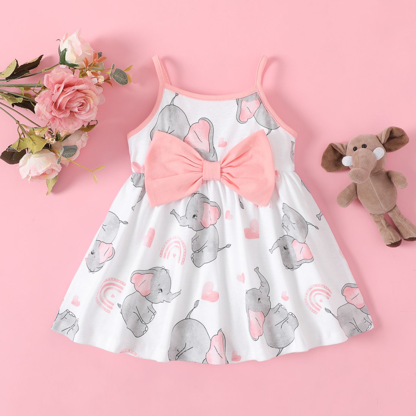 Baby Girl 100% Cotton Bow Decor Elephant Print Slip Dress