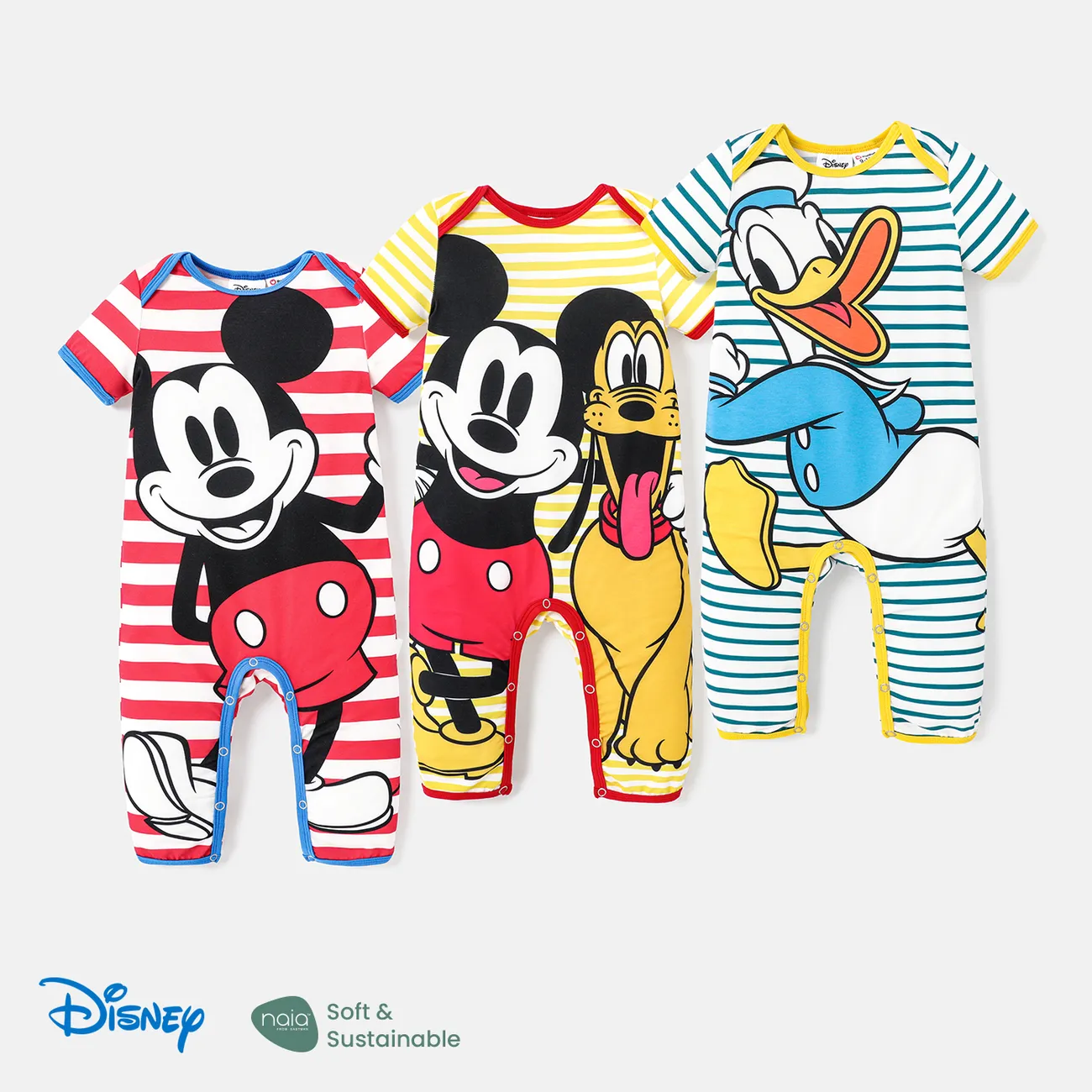 Disney Mickey and Friends Baby Boy/Girl Striped Short-sleeve Graphic Naia™ Jumpsuit Green big image 1