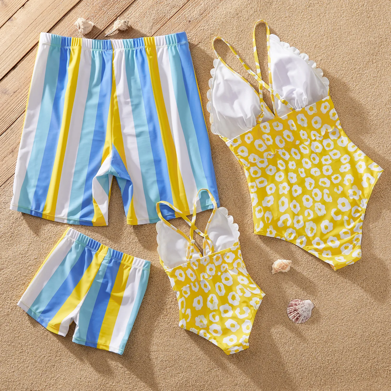 Family Matching Allover Print Scallop Trim One Piece Swimsuit or Striped Swim Trunks Shorts  image 3