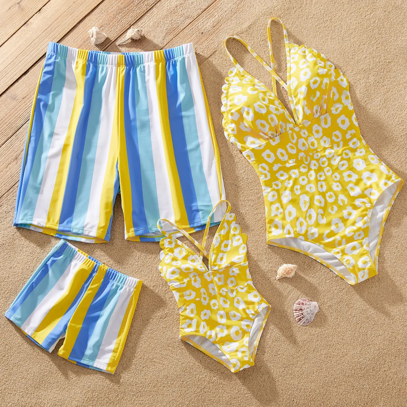 Family Matching Allover Print Scallop Trim One Piece Swimsuit or Striped Swim Trunks Shorts Yellow big image 1