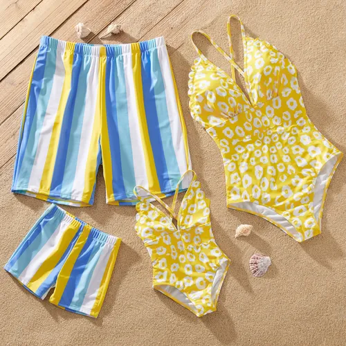 Family Matching Allover Print Scallop Trim One Piece Swimsuit or Striped Swim Trunks Shorts