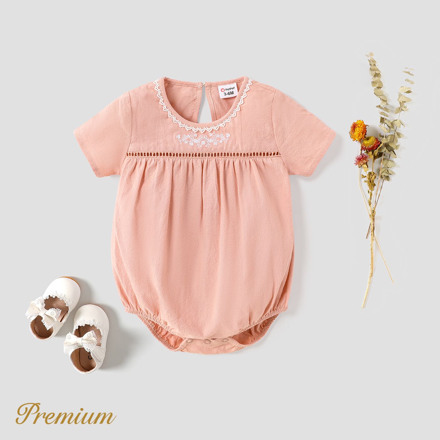 Baby Girl 100% Cotton Embroidered Round Neck Short-sleeve Romper