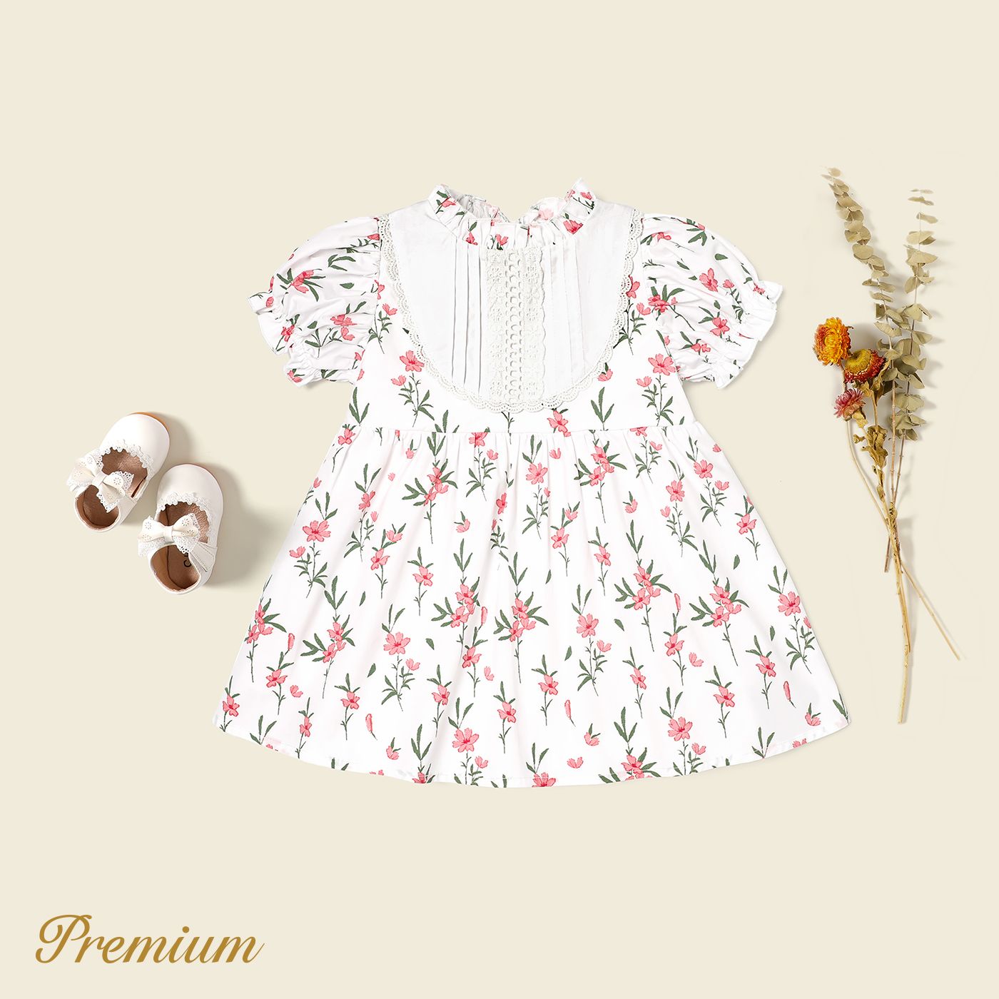 

Baby Girl 100% Cotton Allover Floral Print Puff-sleeve Dress
