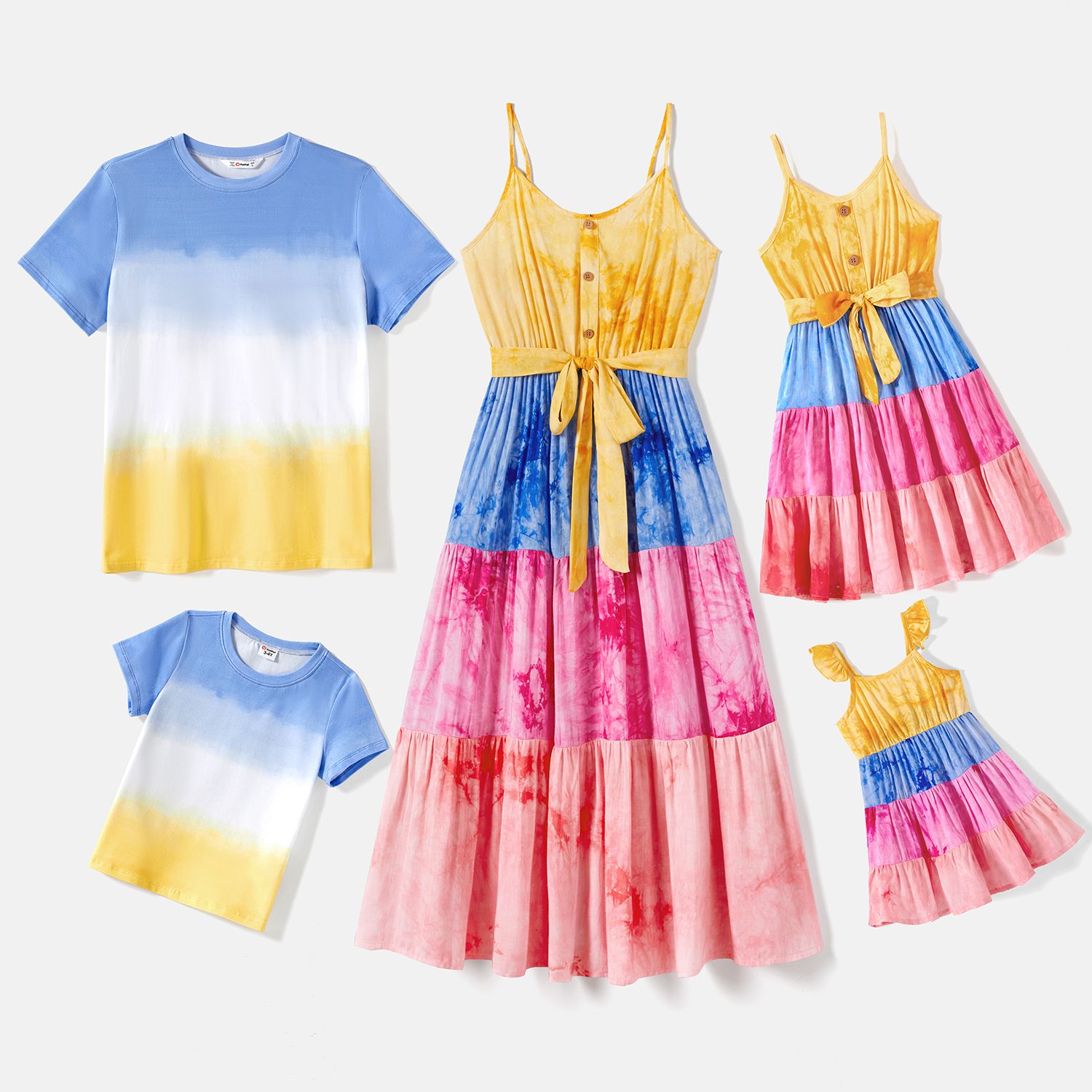 

Family Matching Cotton Short-sleeve Tie Dye T-shirts and Belted Cami Dresses Sets