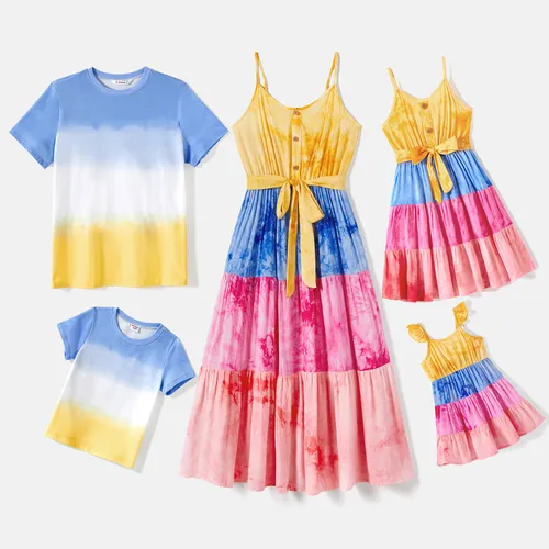Family Matching Cotton Short-sleeve Tie Dye T-shirts and Belted Cami Dresses Sets