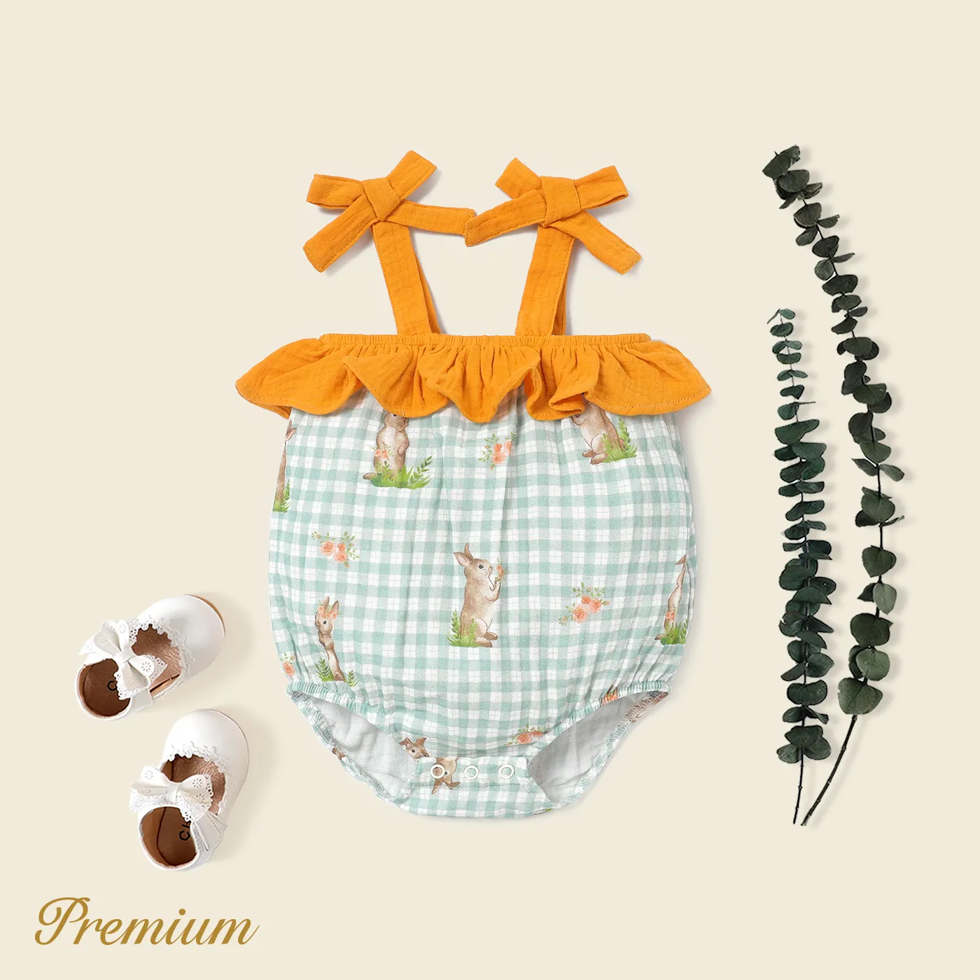 Baby Girl 100% Cotton Ruffled Spliced Rabbit Print Gingham Sleeveless Romper  big image 1