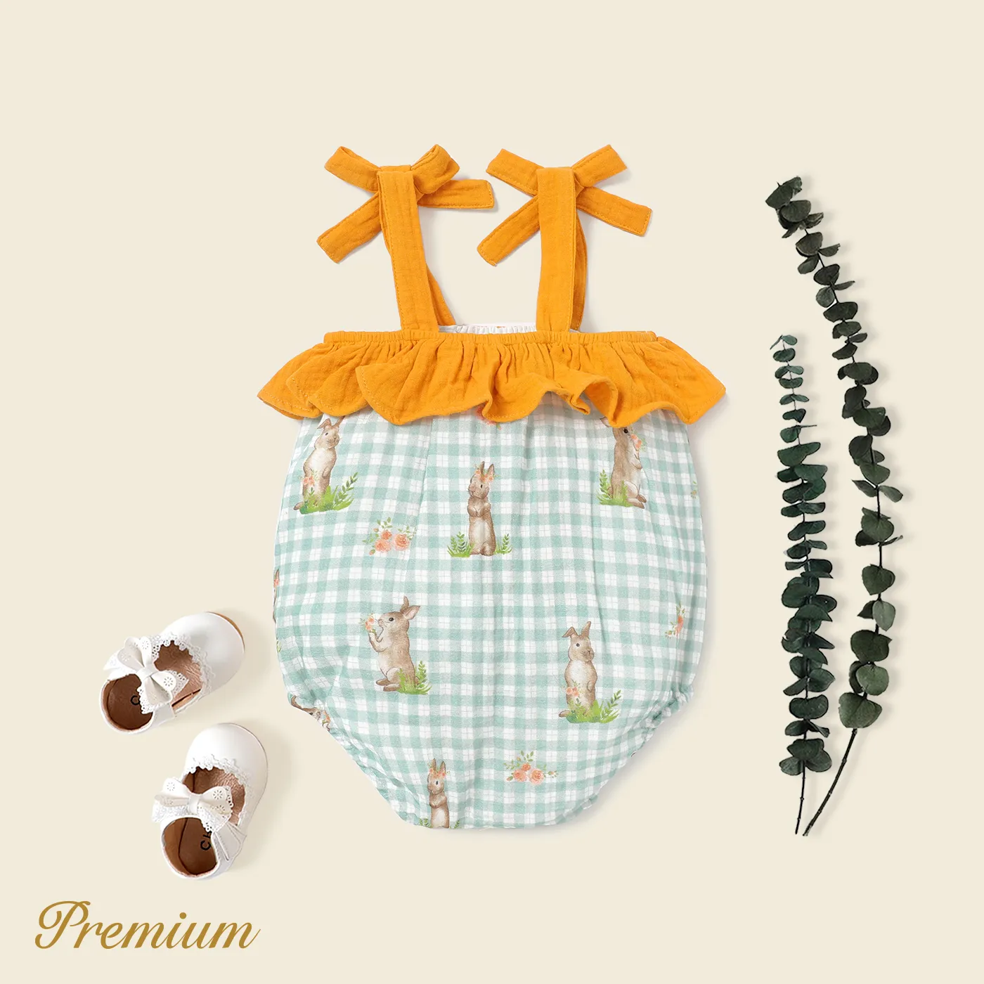 Baby Girl 100% Cotton Ruffled Spliced Rabbit Print Gingham Sleeveless Romper  image 2