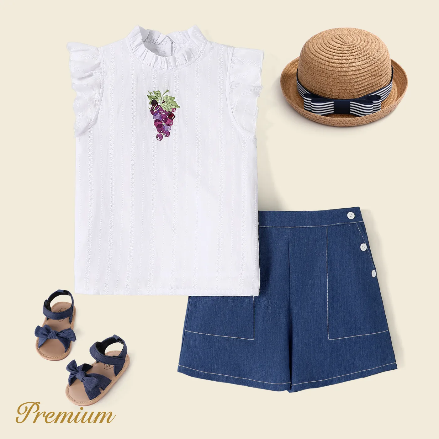 2pcs Kid Girl 100% Cotton Grape Graphic Ruffled Top and Solid Shorts Set  big image 1